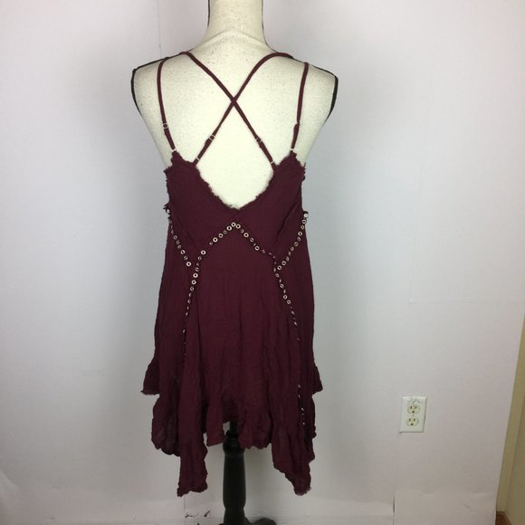 Free People Slip Dress Sz M Red Burgundy Trapeze V-Neck Studded Cross Ba… - Picture 9 of 16